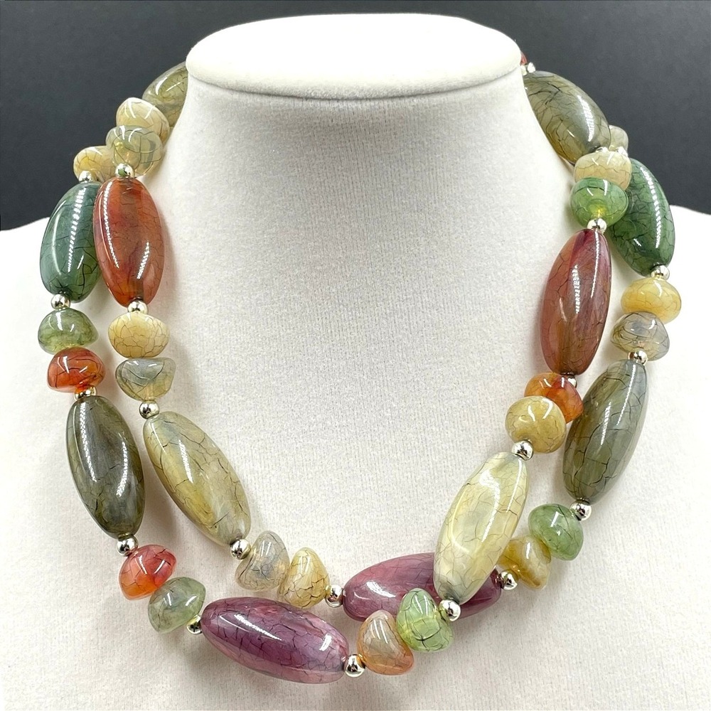 Multicolor Stone‎ Bead Necklace Earthy Boho Gemstone-Style Long Statement
